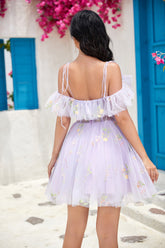 Gorgeous A Line Off the Shoulder Light Purple Corset Homecoming Dress with Embroidery
